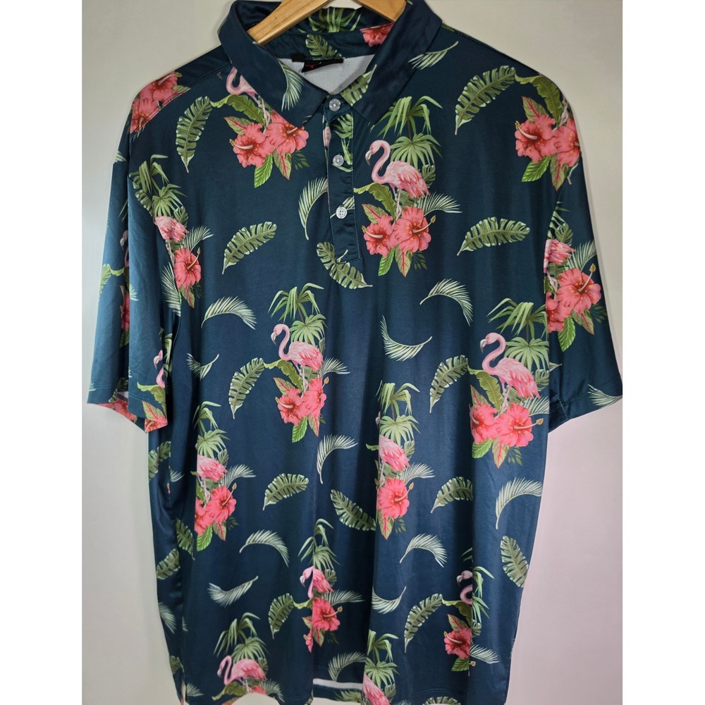 Yatta Golf Shirt Mens XL Polo Blue Tropical Pink Flamingo Hibiscus Performance